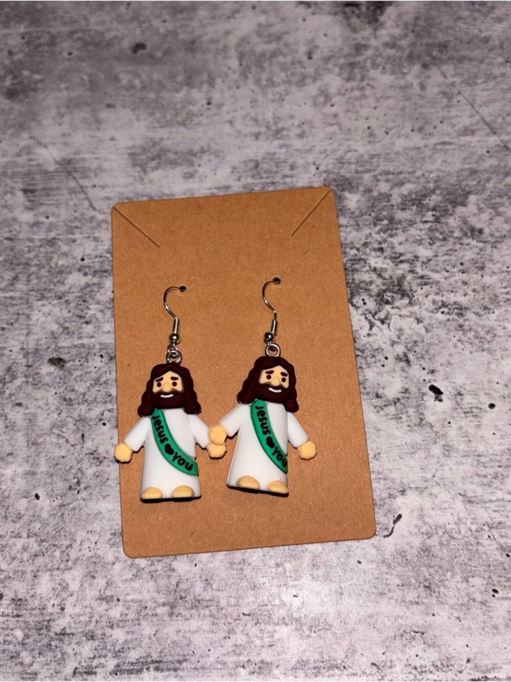 Handmade Jesus Loves You Earrings NEW Green Sash